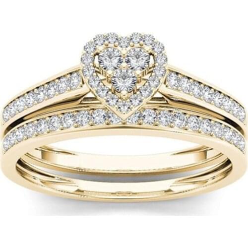 Milangirl Fashion Double Row Heart Shaped Couple Ring Crystal Heart Shaped Wedding Rings For Women Engagement Rings Jewelry