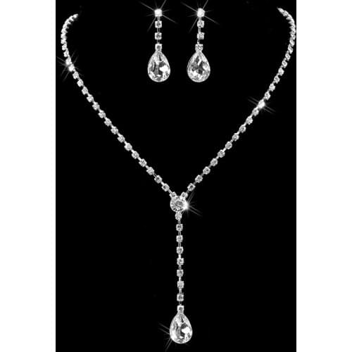 Celebrity Inspired Crystal Tennis Teardrop Long Necklace Earrings Set Shiny Silver Color Wedding Bridal Bridesmaid Jewelry Sets