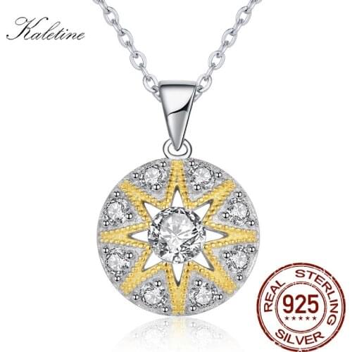 KALETINE 925 Sterling Silver Pendant Necklace Women Round Sun Star CZ Charm Good Luck Necklace Accessories Turkey Jewelry