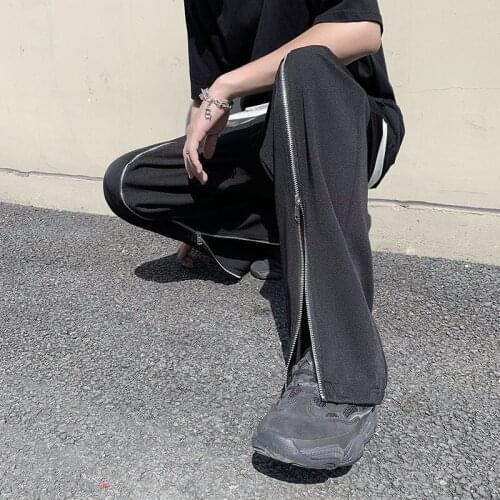 Casual Black Pants Loose Straight Zipper Design Pants Trend Personality Hiphop Wide-leg Trousers Four Seasons Streetwear Thin