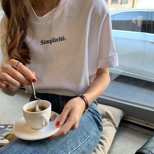 Letter Print Korean T-Shirts Women O-Neck Short Sleeve Casual Summer Shirts Loose Black White Oversized Tops Streetwear Z393