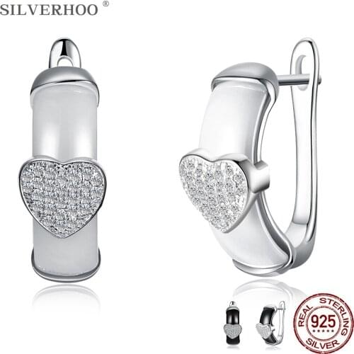 SILVERHOO Genuine 925 Sterling Silver Heart Full Cubic Zirconia Earrings For Women Trendy Ceramics Stud Earring Fine Jewelry