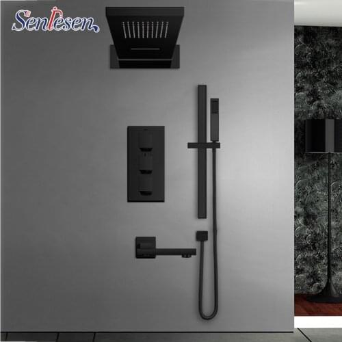 Senlesen Black Thermostatic Shower Faucets Set Rain Waterfall Head Wall Holder Mixer Tap Bath 4-way Thermostatic Shower Faucet