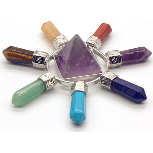 Trendy-beads Silver Plated Purple Amethysts Pyramid With 7 Color Stone Chakra Pendant Fashion Jewelry