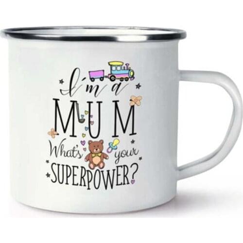 I'm A Mum Whats Your Superpower Retro Stainless Steel Camping Enamel Mug Cup Christmas Outdoors Metal Enamel Campfire Cup