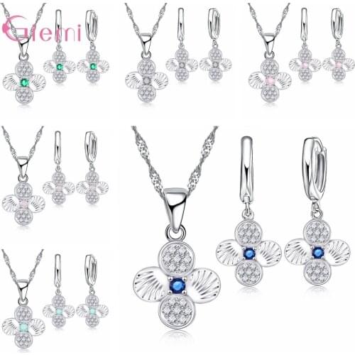 925 Sterling Silver Jewelry Sets For Women Girl White AAA Cz Crystal Flower Pendant Necklace Earring Sets Gfit Jewelry