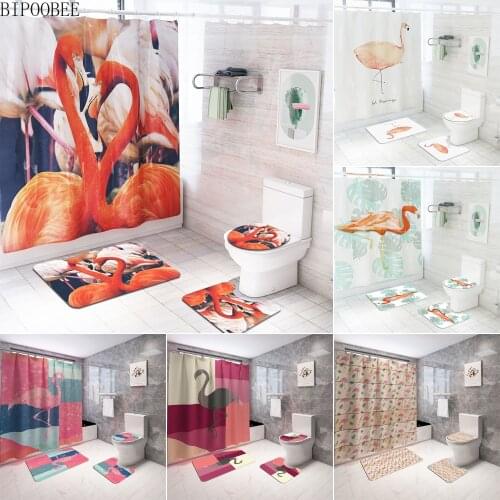 Cartoon Animal Printing Shower Curtain for Bathroom Nordic Waterproof Bath Curtains Geometric Flamingo Anti-skid Rugs Mat