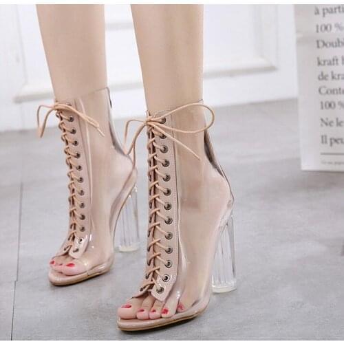 Womens shoes girls sandals high heels party shoes cinderella noskid sole rubber lace up Transparent 35-42