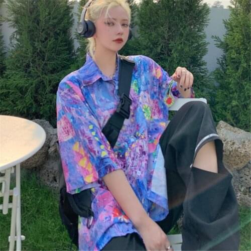 2021 Summer Fashion New Style Loose Large Size Hong Kong Hip Hop Tie Dye Single Breasted Short Sleeve Shirt Ladies Top Trendy