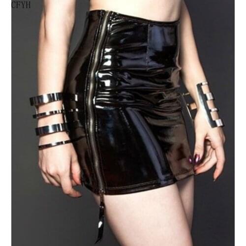Women Wet Look PVC Faux Leather Zipper Pencil Mini Skirt Nightclub Clubwear DS Dance Costume