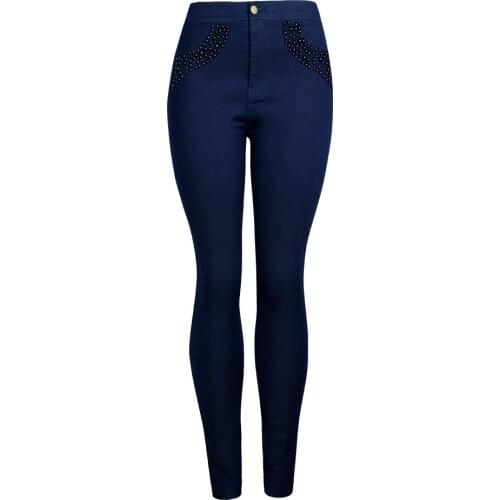 Women Jeans Washed Denim Pencil Pants High Waist Slim Skinny Elastic Beading Bodycon Stretch Casual Chic Female Trousers C3077