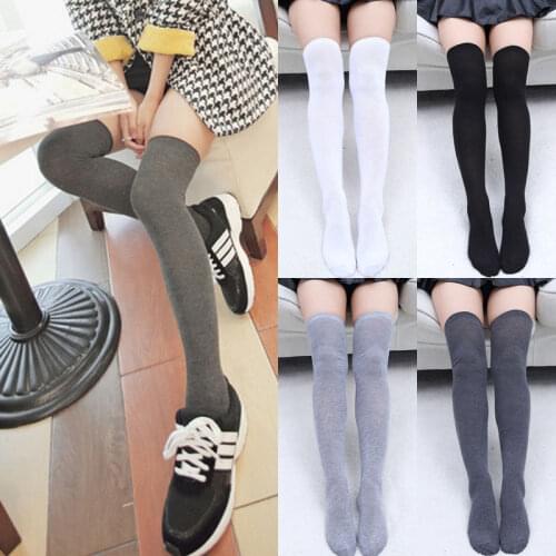 Women Solid Color Soft Knitted Cotton Over Elastic The Knee Thigh High Stocking School Sport Style Summer Autumn Free Shipping