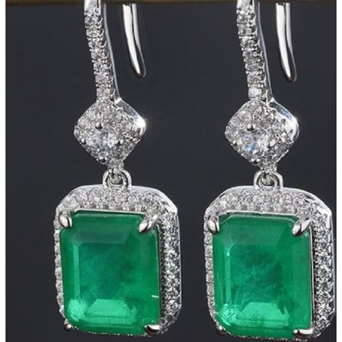 QTT Aesthetic Square Emerald Tourmaline Gemstone Hanging Earrings 925 Sterling Silver Earrings For Women Bride Gift Fine Jewelry