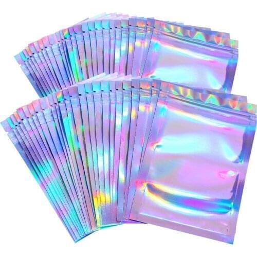 50 PCS Holographic Packaging Ziplock Resealable Smell Proof Bags Foil Flat Bag for Candy Jewelry Eyelashes Storage Packaging