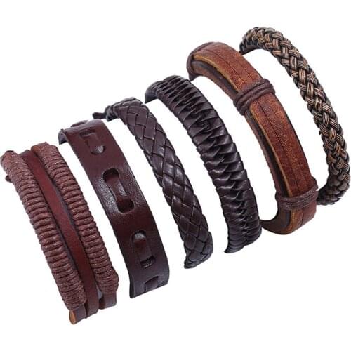 6Pcs/ Set Braided Wrap Leather Bracelets for Men Vintage Life Tree Rudder Charm Wood Beads Ethnic Tribal Wristbands