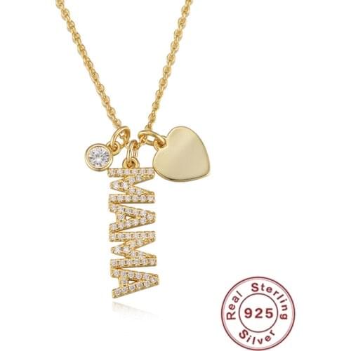 925 Sterling Silver Heart Letter MAMA Necklaces for Women Ladies Mom Mother CZ Alphabet Pendants Neck Jewelry Statement Collares