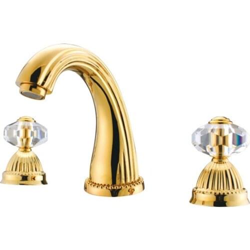 Free shipping 3 Pcs widespread bathroom Lavatory Sink faucet Crystal handles Mixer tap Gold clour