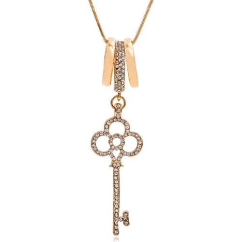 Long Necklaces Key Pendant Luxury Gold Silver Plated Crystal Rhinestone Charm Chain Hollow Elegant Jewelry Accessory For Women