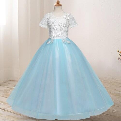 Kids Party Dress for Girls Flower Applique Bodice Long Tulle Dress for Wedding Princess Girls Dress Vestido