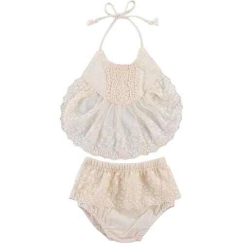 Lovely Baby Suit, Crochet Sleeveless Yarn Edged Neck Halter Elastic Head Lace Briefs Panty for Summer 0-24M