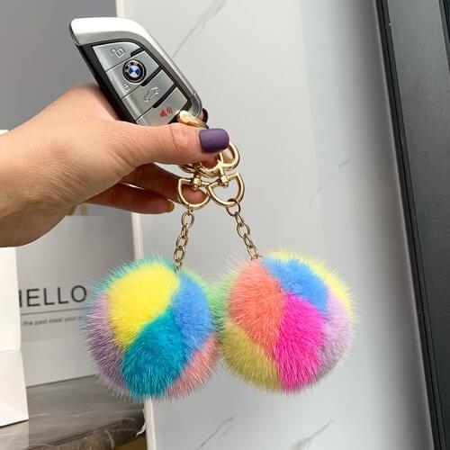 Multicolor Real Mink Pompom Keychain Cute Fur Ball Handbag Ornaments Women Car Key Trinket Genuine Highend Metal Ring Gift