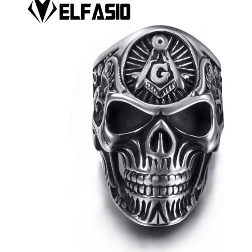 Mens Mason Masonic Symbol AG Skull Silver Stainless Steel Ring Jewelry Size 7-13