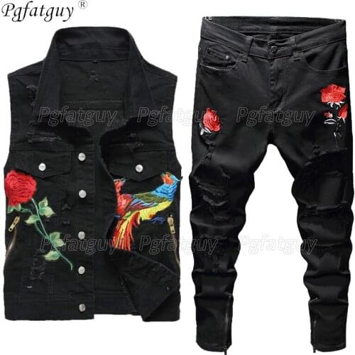 New 2021 Spring Mens Rose Embroidery Hole Jeans Black Two Pieces Sets Turn Down Collar Phoenix Flower Denim Vest + Ripped Pants