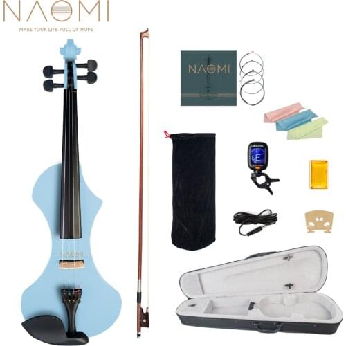 NAOMI Selected 4/4 Electric Violin Set Solidwood Body w/ Violin Bow+Canvas Case+Nylon Bag+AT-101 Tuner+Rosin+Violin Strings