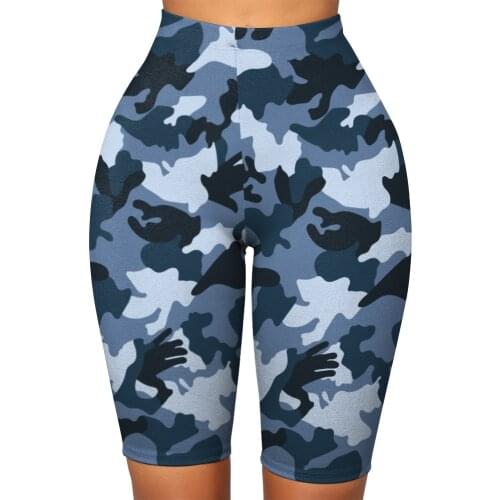 New Sexy Blue Camouflage Prints Women Shorts Elastic Slim Fitness Sport Gym Workout Push Up Knee-Length Leggings Yoga Pants