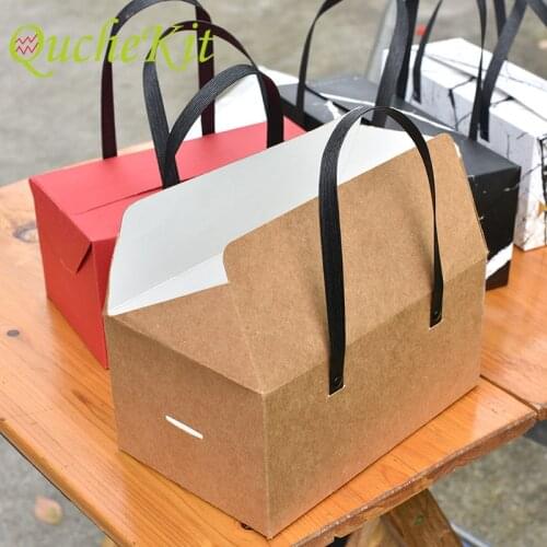 10Pcs/Lot DIY Kraft Paper Gift Box Package With Handle Festival Candy Favors Box Baking Cake Box Folded Dessert Packaging