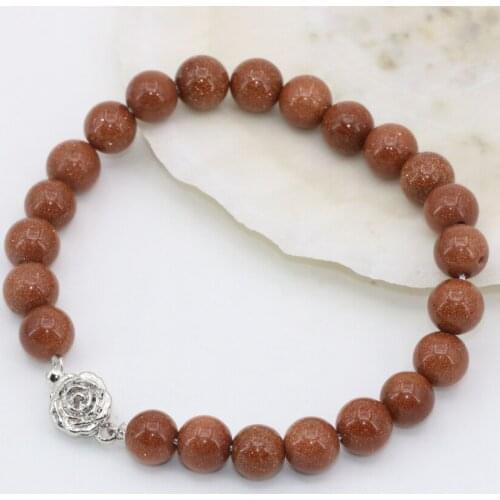 Semi-precious 8mm gold-color sandstone stone round women bracelets strand beads high quality fine jewelry gifts 8inch B2712