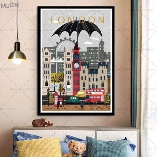 Posters and Prints Vintage Travel World City London Roma Landscape Wall Art Poster Canvas Painting Pictures for Home Decoration