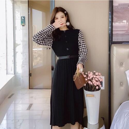 Is the goddess of van plover case splicing female temperament of 2019 winter collect waist wool knitting dress dress
