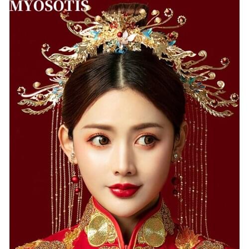 Traditional Chinese Luxury Gold Blue Bridal Crowns Phoenix Coronet Hairpins Long Tassels Pearls Wedding Hair Accessories