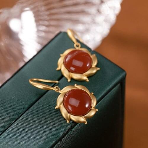 Bastiee Drop Earrings 925 Sterling Silver Jewelry For Women Dangle Earings Red Agate Gold Plated Chinese Wind Fire Wheel
