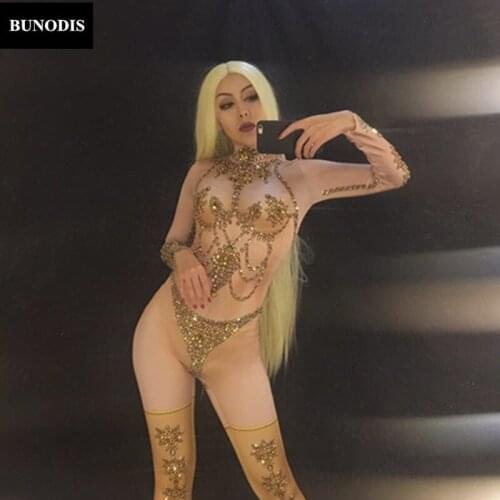 ZD130 Gold Sparkling Crystals Women Sexy Jumpsuit Nightclub Party Dancer Singer Bodysuit Performance Stage Wear Costome Outfit