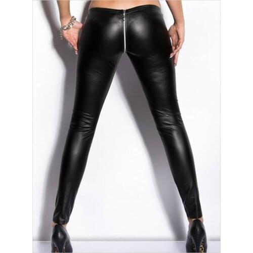 Lady sexy gothic leggings fashion zipper pant night bar club punk legging black red fake leather trousers