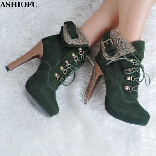 ASHIOFU Vintage Handmade Ladies High Heel Boots Short-plush Turn-over Winter Ankle Boots Lace-up Platform Evening Warm Boots