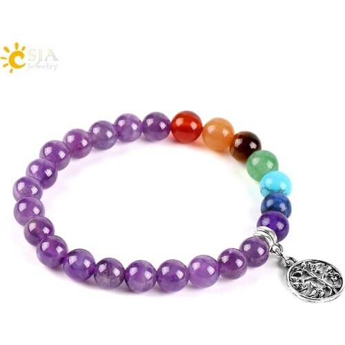 CSJA 8mm Natural Purple Women Bracelets 7 Chakra Mala Gem Stone Beads OM Elephant Hamsa Hand Reiki Yoga Meditation Jewelry E516