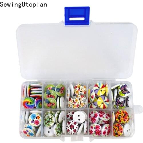 150PCS Mixed Flower Wooden Buttons for Crafts Baby Clothing Sewing Accessories Scrapbooking DIY Needlework Buttons with Box