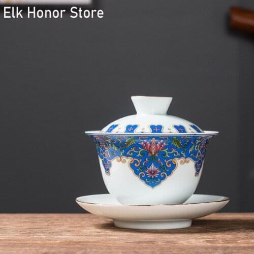 160ml Blue And White Porcelain GaiWan Beautiful Jade Underglaze Color Tea Tureen Tea Cover Bowl Milk Oolong Tea Travel Tea Set