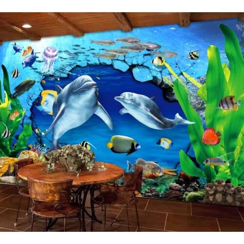 Free Shipping Custom 3d Wallpaper Living Room Mural Dolphins Underwater World Background Wall Painting Restaurant Bar Wallpaper