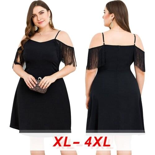 V Neck Black Paghetti Strap Plus Size Dress for Women 2020 Fashion Summer Dress Fringed Shoulder Womens Formal Dresses Eam Dress