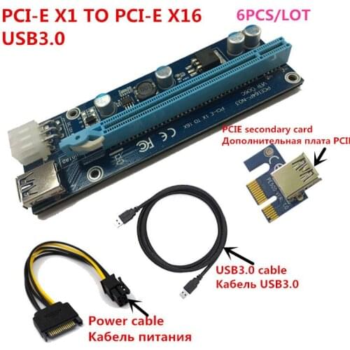 6PCS Mining Riser Card For Video Card PCI-E Express 1x to 16x USB3.0 6Pin Power PCIE X1 PCIE X16 Solid capacitor for Miner Mach
