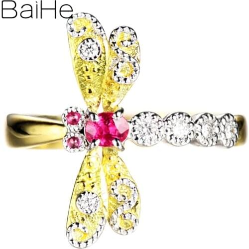 BAIHE Solid 14K Yellow+White Gold About 0.20ct Natural Rubis Wedding Trendy Fine Jewelry Beautiful dragonfly ruby ​​diamond Ring