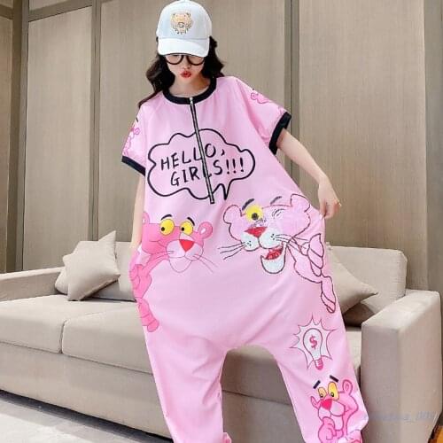 Thailand Tide Brand Hot drilling Cartoon Print Thin Denim Jumpsuit Summer Short Sleeve Casual Hip Hip Overalls Jeans Women
