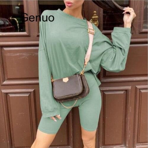 2 Piece Set Women Long Sleeve T-shirt Top & High Waist Bodycon Short Sets Solid Comfort Lounge Suit