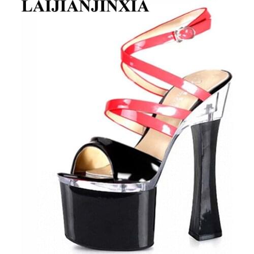 LAIJIANJINXIA PU Leather New Women Sexy Platform Sandals Pole Dancing Shoes 18cm High Heels Shoes Night club Party Dance Shoes