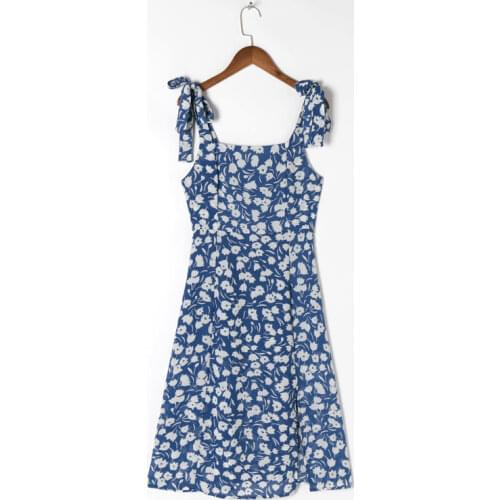 Summer Womens Casual Printed Bowknot Decorated Slim Sling Dress