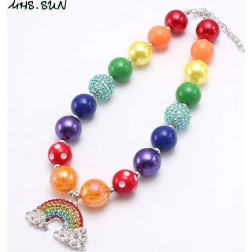 MHS.SUN DIY baby beads necklace with rhinestone rainbow pendant kids colorful chunky bubblegum necklace for girls jewelry gift
